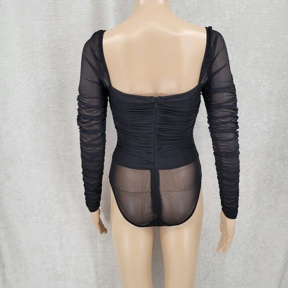 Thats so Fetch Long Sleeve Bodysuit Black Ruched Mesh Women's 4 - Picture 4 of 15